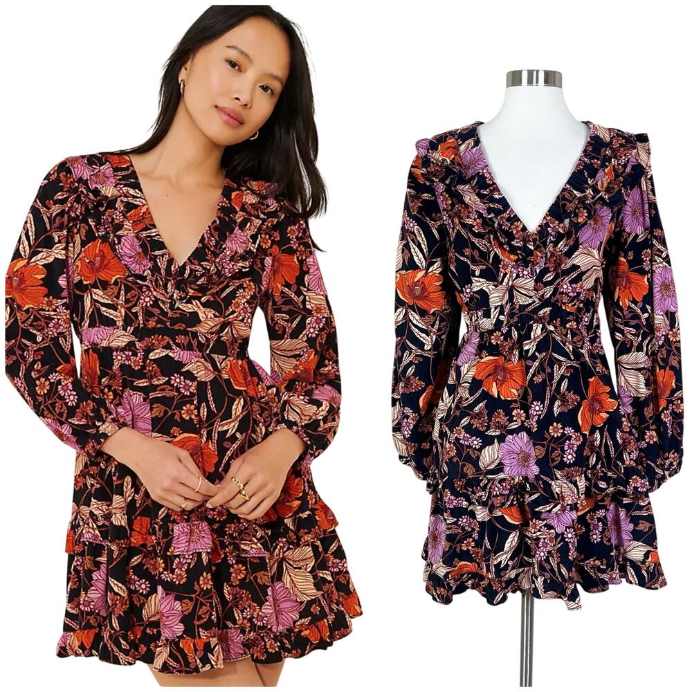 Anthropologie | Pilcro Floral Ruffle Corduroy Black Orange Purple Mini Dress L